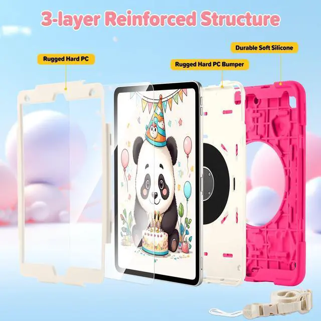 Alt view image 2 of 5 - Case for iPad 9th/8th/7th Generation,Cute 3D Cool Panda Warrior Design Cover with Screen Protector, Rugged Protective Cartoon Case with Stand/Strap/Pen Slot for iPad 10.2 Kids Teens (Rose+White)