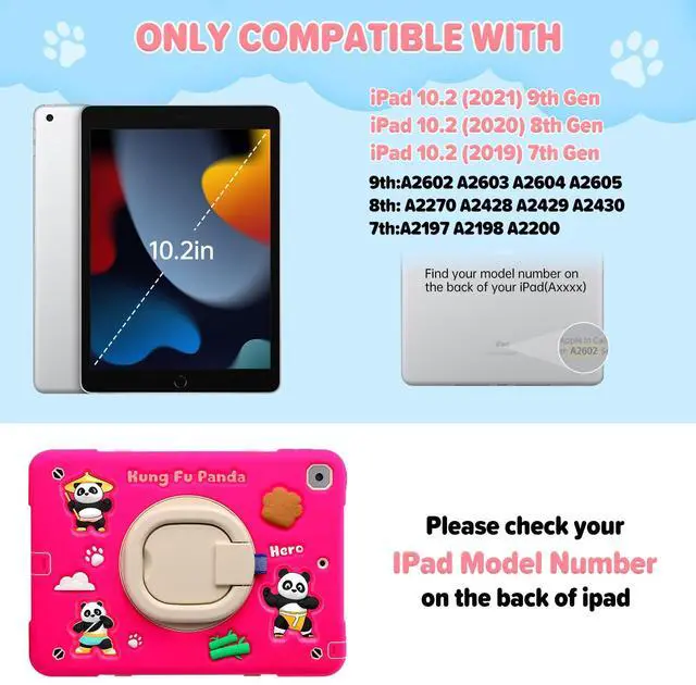 Alt view image 4 of 5 - Case for iPad 9th/8th/7th Generation,Cute 3D Cool Panda Warrior Design Cover with Screen Protector, Rugged Protective Cartoon Case with Stand/Strap/Pen Slot for iPad 10.2 Kids Teens (Rose+White)