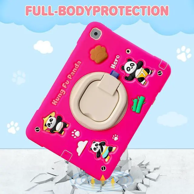 Alt view image 3 of 5 - Case for iPad 9th/8th/7th Generation,Cute 3D Cool Panda Warrior Design Cover with Screen Protector, Rugged Protective Cartoon Case with Stand/Strap/Pen Slot for iPad 10.2 Kids Teens (Rose+White)