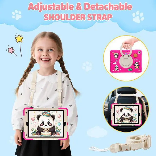 Alt view image 5 of 5 - Case for iPad 9th/8th/7th Generation,Cute 3D Cool Panda Warrior Design Cover with Screen Protector, Rugged Protective Cartoon Case with Stand/Strap/Pen Slot for iPad 10.2 Kids Teens (Rose+White)