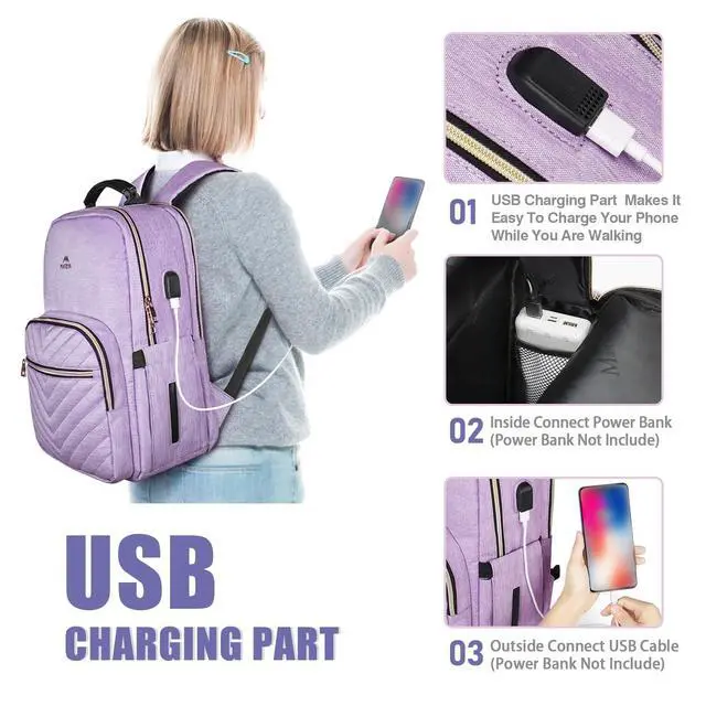 Alt view image 3 of 5 - MATEIN 17 Inch Laptop Backpack, Womens Travel Laptop Backpack, Large Water Resistant College Teacher Nurse Work Bag Lightweight Daypack Computer Bagpack with USB Charging Port, Light Purple
