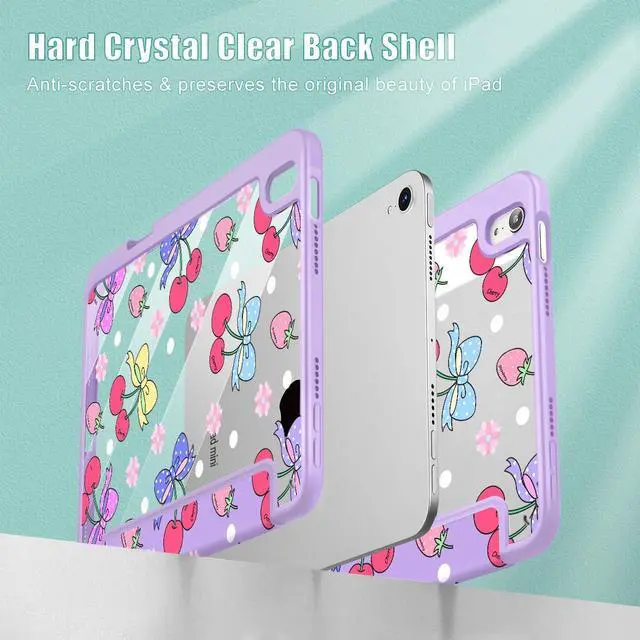 Alt view image 4 of 5 - Tuiklol Clear Case for iPad mini 7 (A17 Pro 7th Gen) 2024 / iPad mini 6 (6th Gen) 2021 8.3 Inch,Built-in Pencil Holder Slim Transparent Back Shell Cover Auto Wake/Sleep, Strawberry Cherry Purple