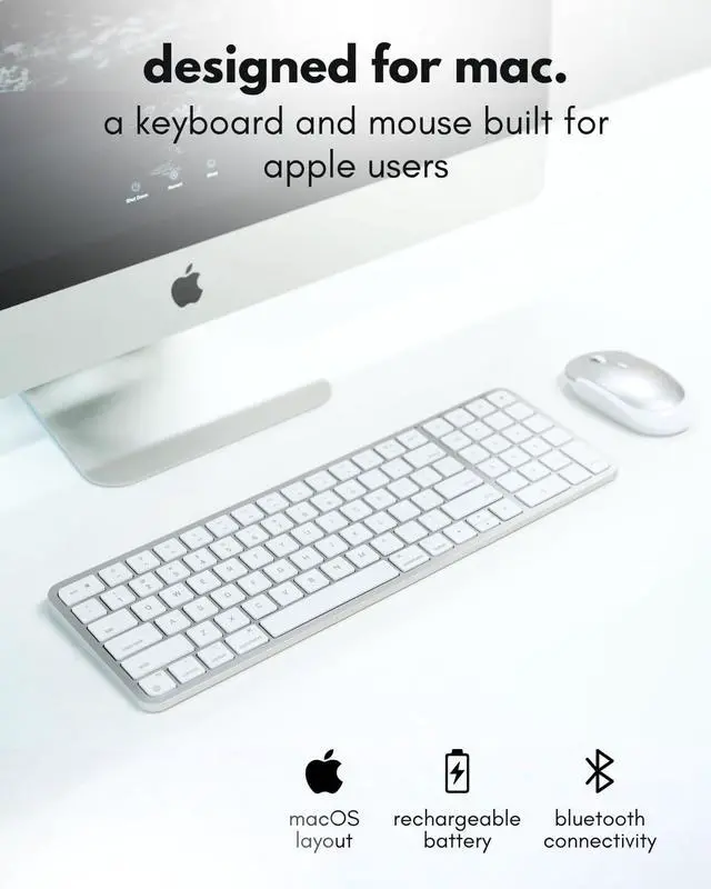 Alt view image 2 of 5 - Macally Bluetooth Mac Keyboard and Mouse - Compact (2 Zone) Wireless Apple Keyboard and Mouse Combo with Number Pad - Multi Device, Rechargeable - for Mac, MacBook Pro/Air, iPad, iPhone - Silver