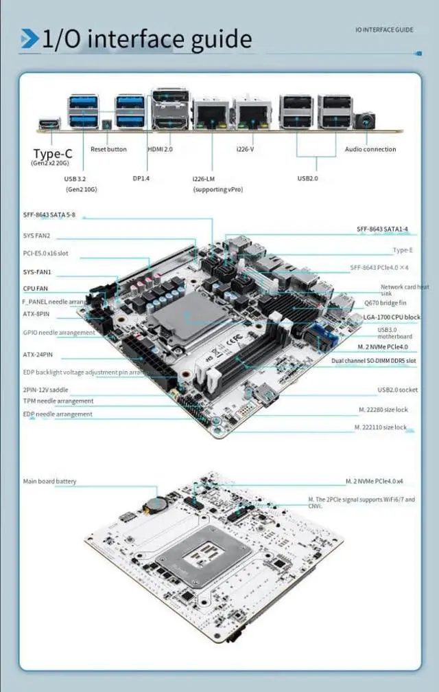 Alt view image 5 of 5 - Q670 NAS Motherboard ITX Firewall Mainboard for 12/13/14th Gen LGA1700 2*DDR5 2 * 2.5G LAN 1*PCIE5.0x16 Max 8*SATA 6*M.2 NVMe 2X Intel 2.5G Network Port (Motherboard)