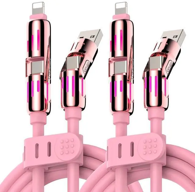 Main image of MFish 240W 4-in-1 Universal USB Charging Cable [2 Pack, 6.6ft]  Fast Charger Cord with USB-A, Dual USB-C & Lighting, for iPhone 14/15/16/17 Series, iPad & MacBook & More (2PACK, Pink+Pink, 6.6Ft)