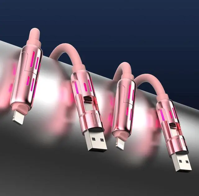 Alt view image 5 of 5 - MFish 240W 4-in-1 Universal USB Charging Cable [2 Pack, 6.6ft]  Fast Charger Cord with USB-A, Dual USB-C & Lighting, for iPhone 14/15/16/17 Series, iPad & MacBook & More (2PACK, Pink+Pink, 6.6Ft)