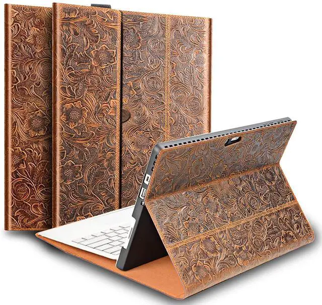 Main image of Gexmil Case for Surface Go 4/3/2/1 Generation, 10 Inch, 2023/2021/2020/2018 Genuine Leather Cover with Pencil Holder,Protective Cowhide Folio Cover,Anti Fingerprint/Slip,Flower Brown