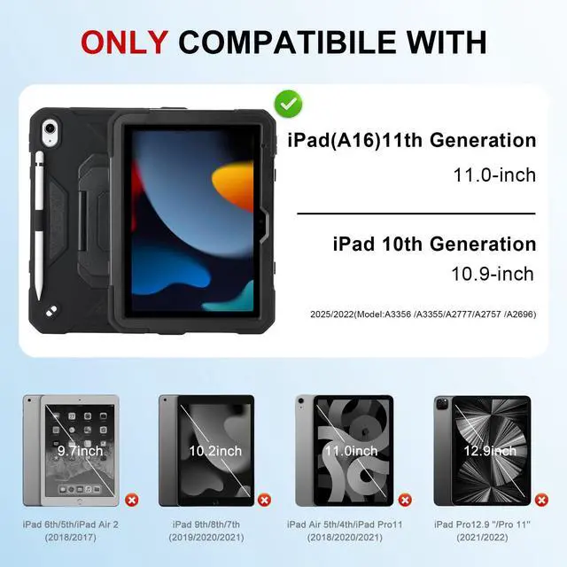 Alt view image 2 of 5 - Case for iPad 11th (A16) 11" 2025, iPad 10th Generation 10.9" 2022,Military Grade Shockproof iPad Case Built-in 360° Rotating Stand/Pen Slot/Shoulder Strap, for iPad 11th Gen/10th Gen (Black)