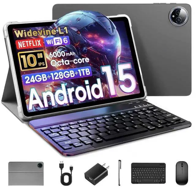 Raemond 10 Inch Tablet Android 15 with Keyboard, 24GB RAM + 128GB