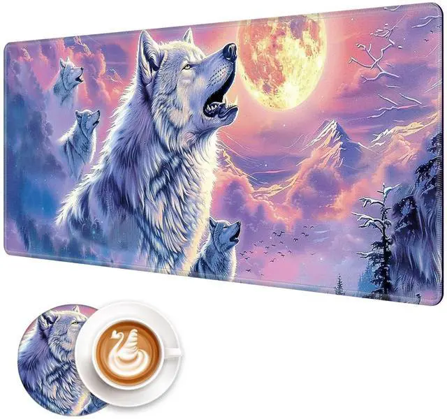 Main image of FXIANGWL XXL Gaming Mouse Pad, Wolf Cry Under Moonlight Design, Extra Large Waterproof Desk Mat for Office Gaming, Non-Slip Rubber Base Durable Stitched Edge, Easy to Clean