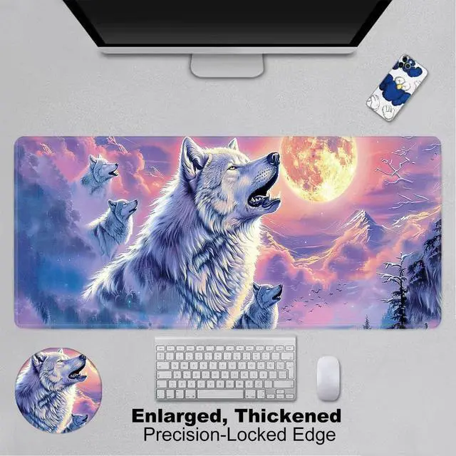 Alt view image 3 of 5 - FXIANGWL XXL Gaming Mouse Pad, Wolf Cry Under Moonlight Design, Extra Large Waterproof Desk Mat for Office Gaming, Non-Slip Rubber Base Durable Stitched Edge, Easy to Clean