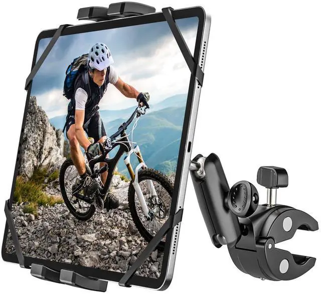 Main image of YOOZ Motorcycle Bike Tablet Holder [Strong Stability & Durability] Bicycle Boat Stroller Gym Spin Bike Treadmill Tablet Mount Handlebar Clamp for iPad Pro Air Mini, Galaxy Tab, Kindle, Phone, 4-13"