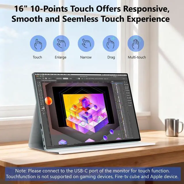 Alt view image 2 of 5 - Jhcztrk Touchscreen Portable Monitor, 16 Inch 1920x1200 Full HD Portable Gaming Monitor HDR, HDMI USB C External Monitor, Suitable for Laptops Xbox Switch with Smart Cover and Storage Bag