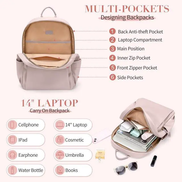 Alt view image 4 of 5 - GOLF SUPAGS Stylish Laptop Backpack for Women Computer Bag Fits 14 Inch Notebook Travel College Work Backpacks Purse (Pink)