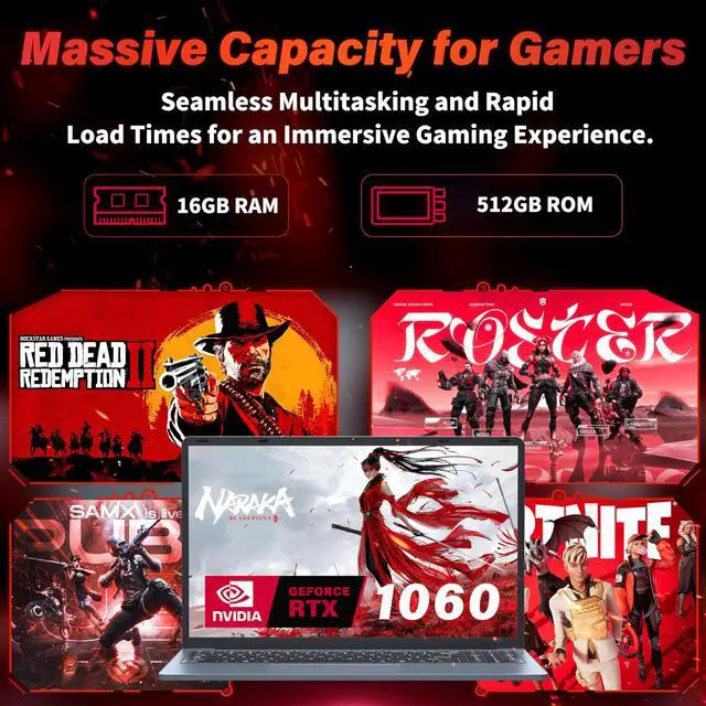 Alt view image 4 of 5 - Rumtuk Ultra-Slim 15.6'' FHD Gaming Laptop, in tel N95, Nvidia GTX 1060 4GB,16GB RAM 512GB SSD, Win 11 Pro  High-Performance Notebook with HDMI, Type-C, RJ45 Ethernet, Wi-Fi, Backlit KB,Fingerprint