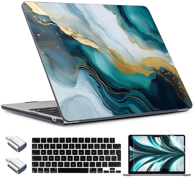 Main image of TWOLSKOO Compatible with M4 MacBook Air 13.6 inch Case 2025-2022 Release M4 A3240 M3 A3113 M2 A2681, Plastic Hard Shell & Keyboard Cover & Type C Adapter & Screen Protector, Graphite Marble
