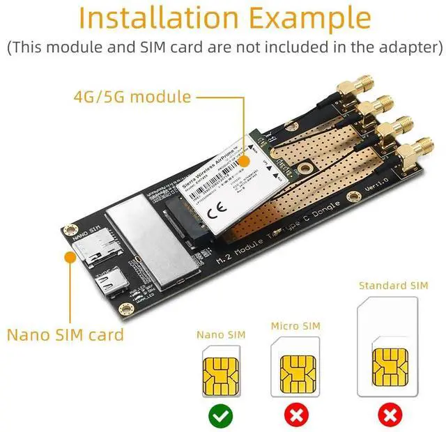 Alt view image 4 of 5 - M.2(M.2) 3G/4G/5G Module to Type C/USB 3.0 Adapter with Nano SIM Card Slot for RM500Q/RM500U /GM800/ SIM8200 Module with 4X 2.4G/5G Antenna