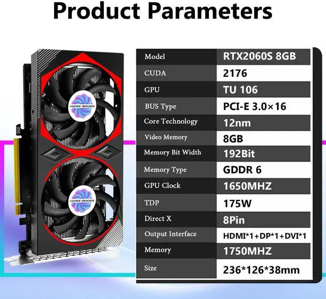 Alt view image 2 of 5 - HyperRender RTX 2060 Super Graphics Card 8GB GDDR6 1440p/4K Gaming GPU - Real-Time Ray Tracing & AI DLSS 3.0 with Dual FrostBlade Fans Ultra-Silent 1650MHz Boost with DP/HDMI Display Tarjeta Gráfica