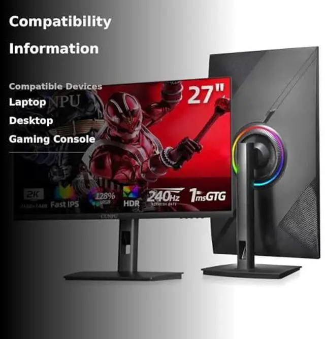 Alt view image 3 of 5 - CUNPU 27 Inch 1440P QHD 240Hz Gaming Monitor, Fast IPS, 1ms 2K Gamer Monitor with HDR, 128% sRGB, FreeSync & G-Sync, Height/Pivot/Tilt/Swivel Vertical Monitor, Built-in Dual Speaker, HDMI/DP