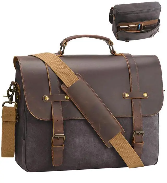 Main image of Men's Messenger Bag Waxed Canvas Laptop Computer Bag 16 Inch Vintage Genuine Leather Briefcase Waterproof Satchel Shoulder Bag for Work/Office/Business