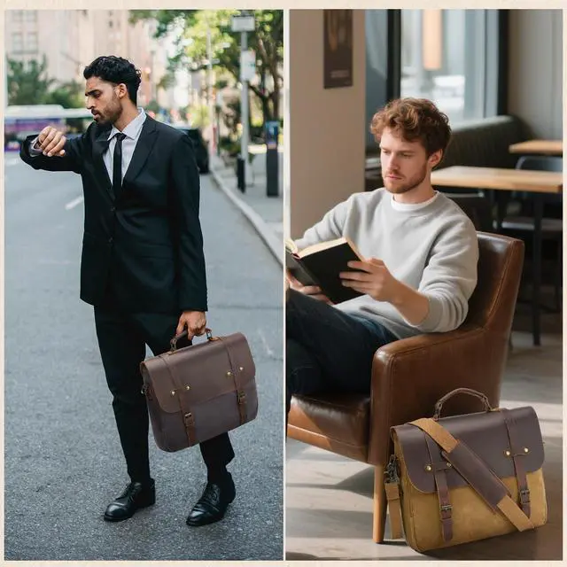 Alt view image 3 of 5 - Men's Messenger Bag Waxed Canvas Laptop Computer Bag 16 Inch Vintage Genuine Leather Briefcase Waterproof Satchel Shoulder Bag for Work/Office/Business