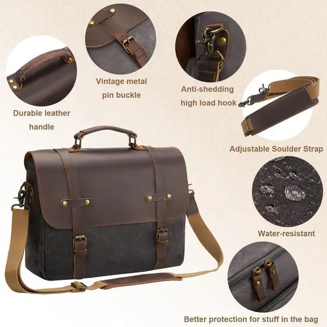 Alt view image 4 of 5 - Men's Messenger Bag Waxed Canvas Laptop Computer Bag 16 Inch Vintage Genuine Leather Briefcase Waterproof Satchel Shoulder Bag for Work/Office/Business