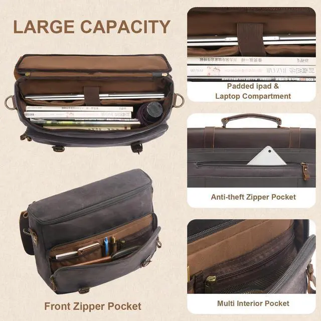 Alt view image 5 of 5 - Men's Messenger Bag Waxed Canvas Laptop Computer Bag 16 Inch Vintage Genuine Leather Briefcase Waterproof Satchel Shoulder Bag for Work/Office/Business