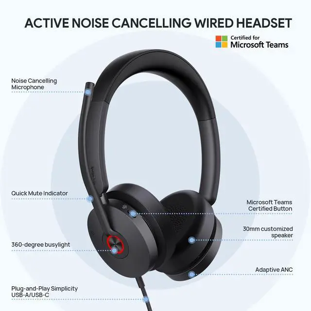 Alt view image 2 of 5 - Yealink UH48 ANC Wired Headset with Microphone, Active Noise Cancelling USB Headphones for PC, MS Teams Certified Works with All Other Call Platforms, All Day Comfort, Mute Button
