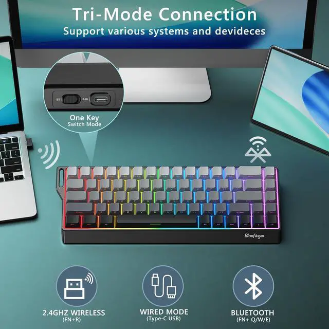 Alt view image 3 of 5 - BlueFinger 60% Wireless Mechanical Gaming Keyboard, Bluetooth/2.4G/USB-C Hot Swappable RGB Backlit Keyboard with Side-Printed PBT Keycaps, for MAC Xbox PC PS5, Black