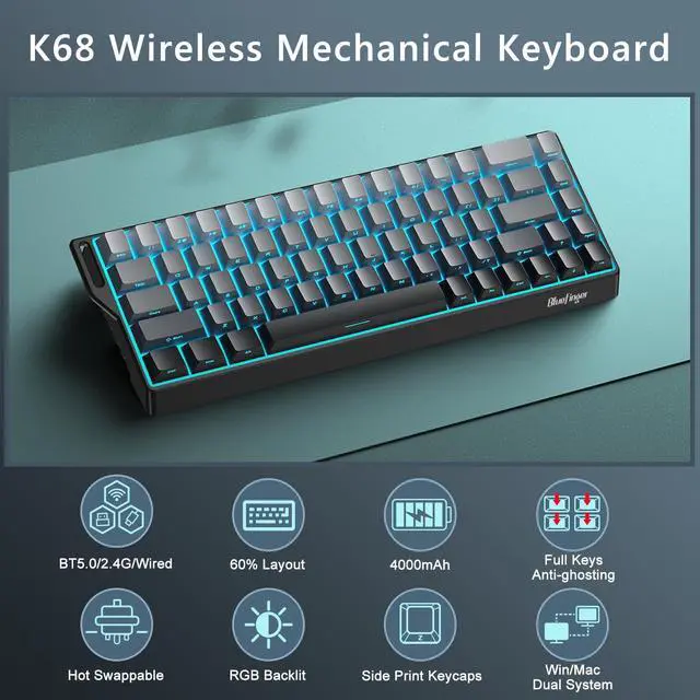 Alt view image 2 of 5 - BlueFinger 60% Wireless Mechanical Gaming Keyboard, Bluetooth/2.4G/USB-C Hot Swappable RGB Backlit Keyboard with Side-Printed PBT Keycaps, for MAC Xbox PC PS5, Black