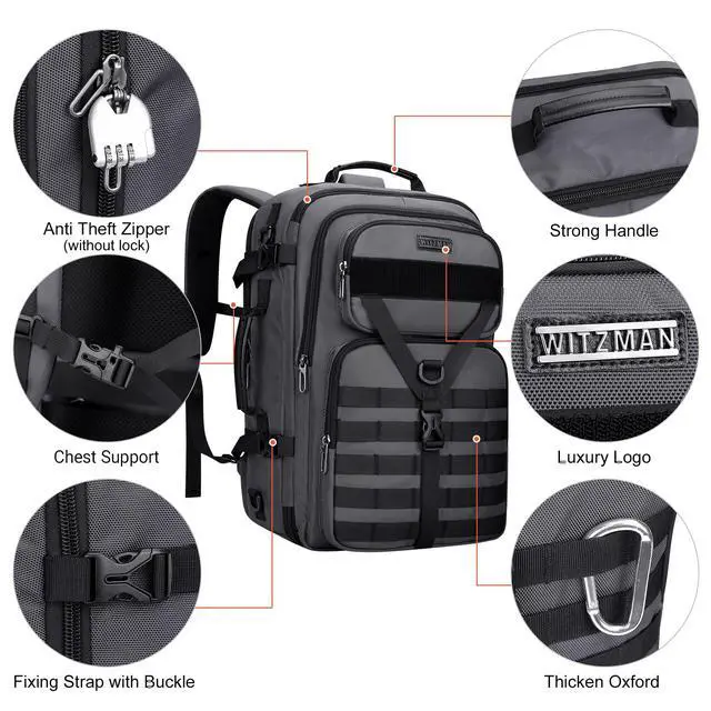 Alt view image 5 of 5 - WITZMAN Carry On Travel Backpack for Men Large Convertible 45L Fit 17 Inch Laptop Backpack 3 in 1 Bag for Airline Approved(B688 Silvery Grey)