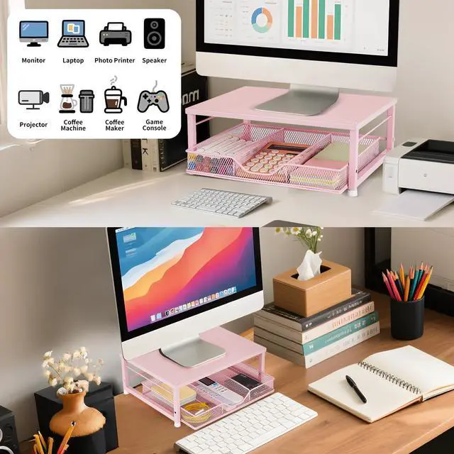 Alt view image 3 of 5 - Gugsey Small Pink Laptop Stand for Desk, Monitor Stand, Office Desk Accessories, Computer Desktop Stand with Drawer for Home, Office, School (Pink)
