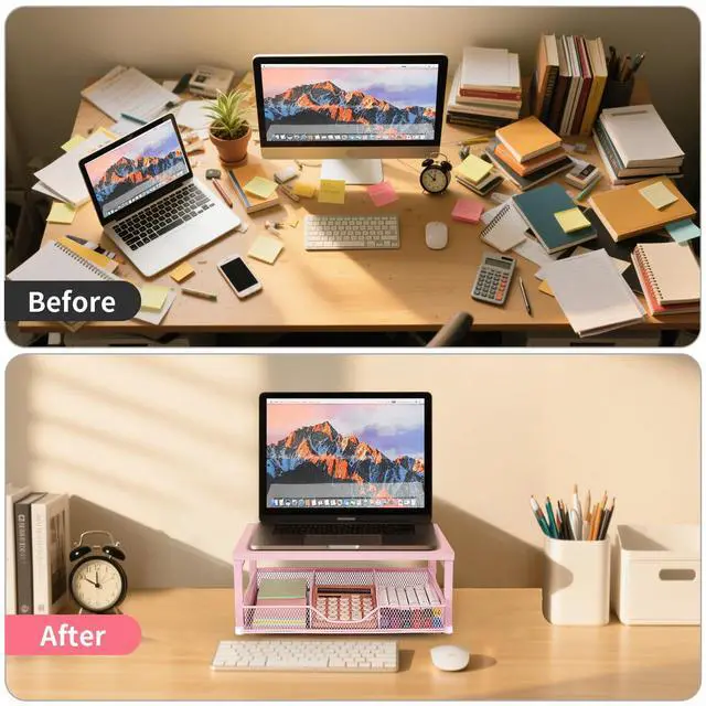 Alt view image 5 of 5 - Gugsey Small Pink Laptop Stand for Desk, Monitor Stand, Office Desk Accessories, Computer Desktop Stand with Drawer for Home, Office, School (Pink)