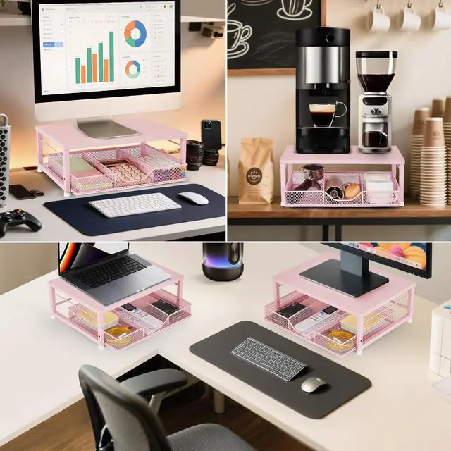 Alt view image 4 of 5 - Gugsey Small Pink Laptop Stand for Desk, Monitor Stand, Office Desk Accessories, Computer Desktop Stand with Drawer for Home, Office, School (Pink)