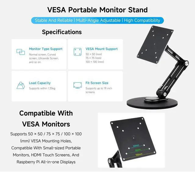 Alt view image 2 of 5 - VESA Portable Monitor Stand, Compatible with Monitors Up to 19inch, Supports 50 x 50/75 x 75/100 x 100 (mm) VESA Mounting Holes, Supports Multi-Axis Rotation, Adjustable & Foldable