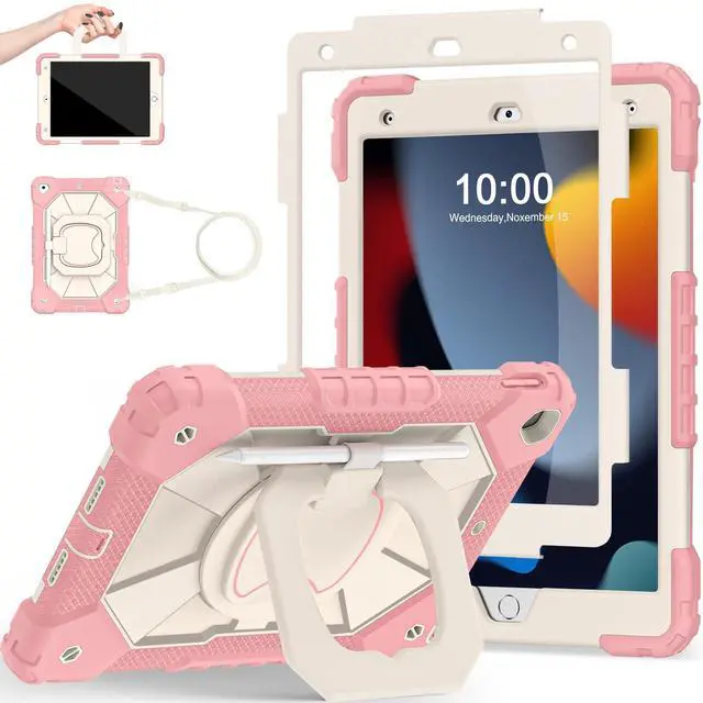 Main image of Scnioy Case for iPad 9th Generation iPad Case 9th 8th 7th Generation iPad 10.2 Inch iPad 9th Gen Cover with Screen Protector Pen Holder TabletCases for Kids 360° Rotating Stand, Rose White