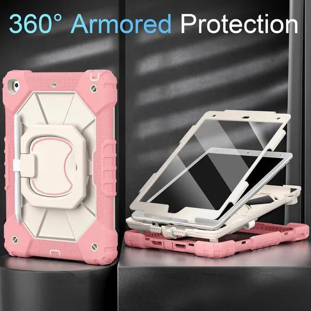 Alt view image 3 of 5 - Scnioy Case for iPad 9th Generation iPad Case 9th 8th 7th Generation iPad 10.2 Inch iPad 9th Gen Cover with Screen Protector Pen Holder TabletCases for Kids 360° Rotating Stand, Rose White