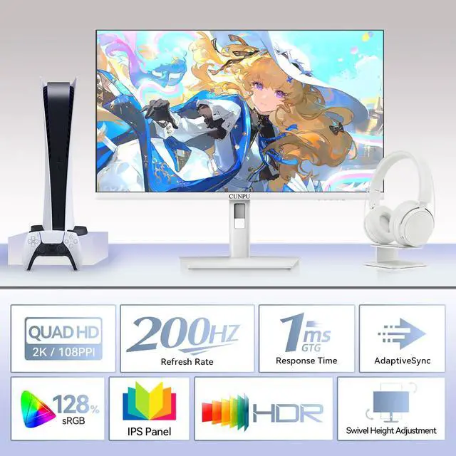 Alt view image 2 of 5 - CUNPU 27 Inch White 180/200Hz Gaming Monitor, QHD 2560x1440 Fast IPS PC Monitor, Adaptive Sync, 100% sRGB, HDR10, Built-in Speaker, Height/Swivel/Tilt/Rotating Adjustable Stand, HDMI, Displayport