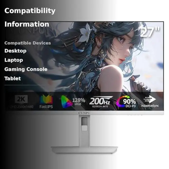 Alt view image 3 of 5 - CUNPU 27 Inch White 180/200Hz Gaming Monitor, QHD 2560x1440 Fast IPS PC Monitor, Adaptive Sync, 100% sRGB, HDR10, Built-in Speaker, Height/Swivel/Tilt/Rotating Adjustable Stand, HDMI, Displayport