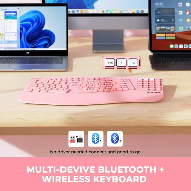 Alt view image 2 of 5 - MEETION Ergonomic Keyboard Wireless, Multi-Device Bluetooth Keyboard, Wrist Rest for Natural Typing, Full-Sized Rechargeable Split Computer Keyboards, for Windows/Mac/PC/Laptop/Ta