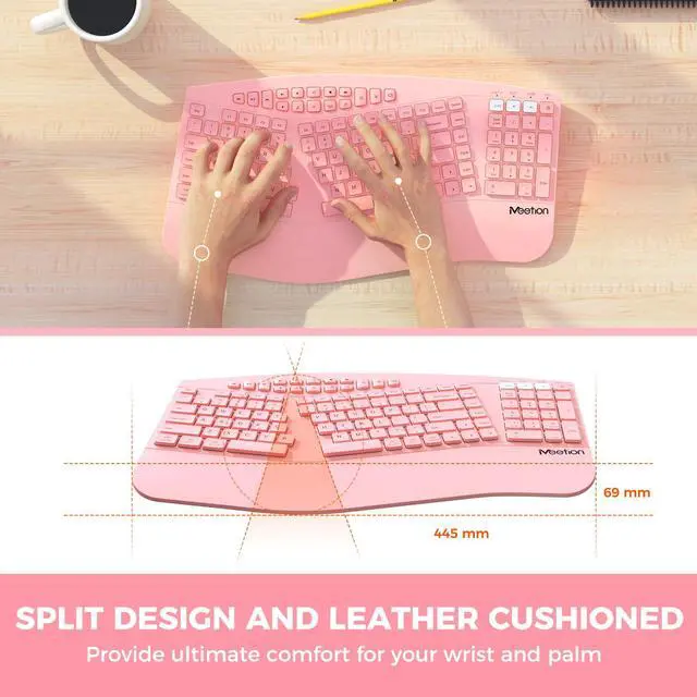 Alt view image 3 of 5 - MEETION Ergonomic Keyboard Wireless, Multi-Device Bluetooth Keyboard, Wrist Rest for Natural Typing, Full-Sized Rechargeable Split Computer Keyboards, for Windows/Mac/PC/Laptop/Ta