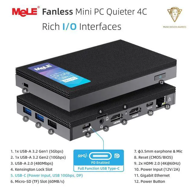 Alt view image 5 of 5 - MeLE Mini PC Quieter 4C with Windows 11 Pro, N150 8GB RAM 256GB Storage Mini Computers, Fanless PC with Full-Functional USB-C, 2.4G/5G WiFi, 4K Triple Display on Home, Office, Education, Industrial