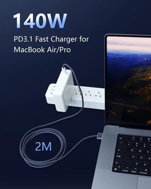 Alt view image 2 of 5 - Upgraded USB-C to Magnetic 3 Cable Compatible with MacBook Air/Pro (2021-2025), 140W Fast Charging, 6.6ft Braided Replacement Power Cord for Apple MacBook Charger, Midnight