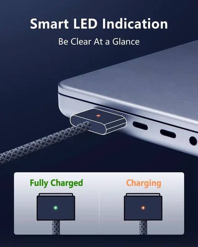 Alt view image 4 of 5 - Upgraded USB-C to Magnetic 3 Cable Compatible with MacBook Air/Pro (2021-2025), 140W Fast Charging, 6.6ft Braided Replacement Power Cord for Apple MacBook Charger, Midnight