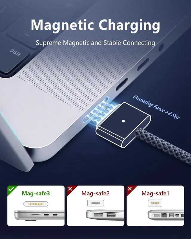 Alt view image 3 of 5 - Upgraded USB-C to Magnetic 3 Cable Compatible with MacBook Air/Pro (2021-2025), 140W Fast Charging, 6.6ft Braided Replacement Power Cord for Apple MacBook Charger, Midnight