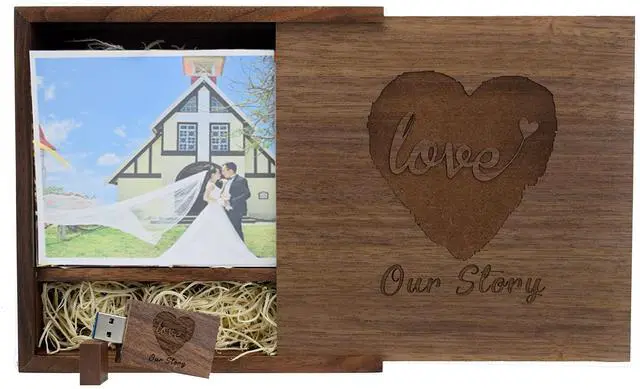 Main image of 64GB Wedding USB Flash Drive with Matching Photo Box - USB 3.0 Memory Stick Engraved with 'Our Story' and Heart Design, Personalized Gifts for Photography/Family/Friends/Couple