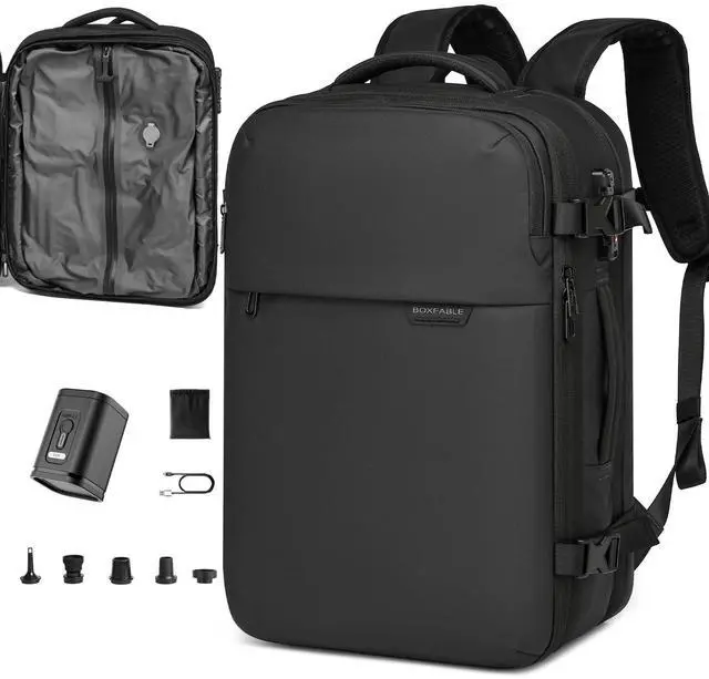 Main image of BOXFABLE Vacuum Seal Travel Backpack 45L - Expandable Air Compression System, Water-Resistant, Carry-On Suitcase Luggage with TSA Lock Fits 18" Laptop - Vacuum Pump Included(Black)