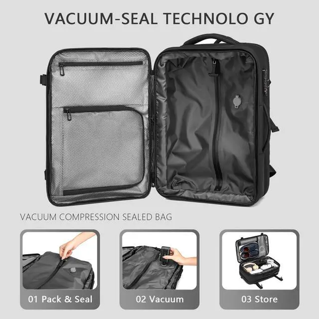 Alt view image 3 of 5 - BOXFABLE Vacuum Seal Travel Backpack 45L - Expandable Air Compression System, Water-Resistant, Carry-On Suitcase Luggage with TSA Lock Fits 18" Laptop - Vacuum Pump Included(Black)