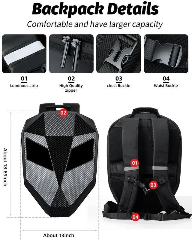 Alt view image 2 of 5 - Gelrova Knight Motorcycle Backpack with LED Eyes, App Control Waterproof Hard Case Motorbike Bag, DIY Laptop Backpack for Riding, Cycling, Travel, Large Size 19in, Carbon fibre texture