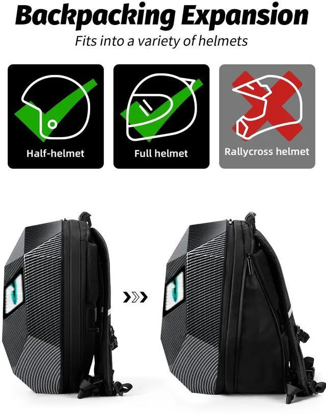 Alt view image 5 of 5 - Gelrova Knight Motorcycle Backpack with LED Eyes, App Control Waterproof Hard Case Motorbike Bag, DIY Laptop Backpack for Riding, Cycling, Travel, Large Size 19in, Carbon fibre texture